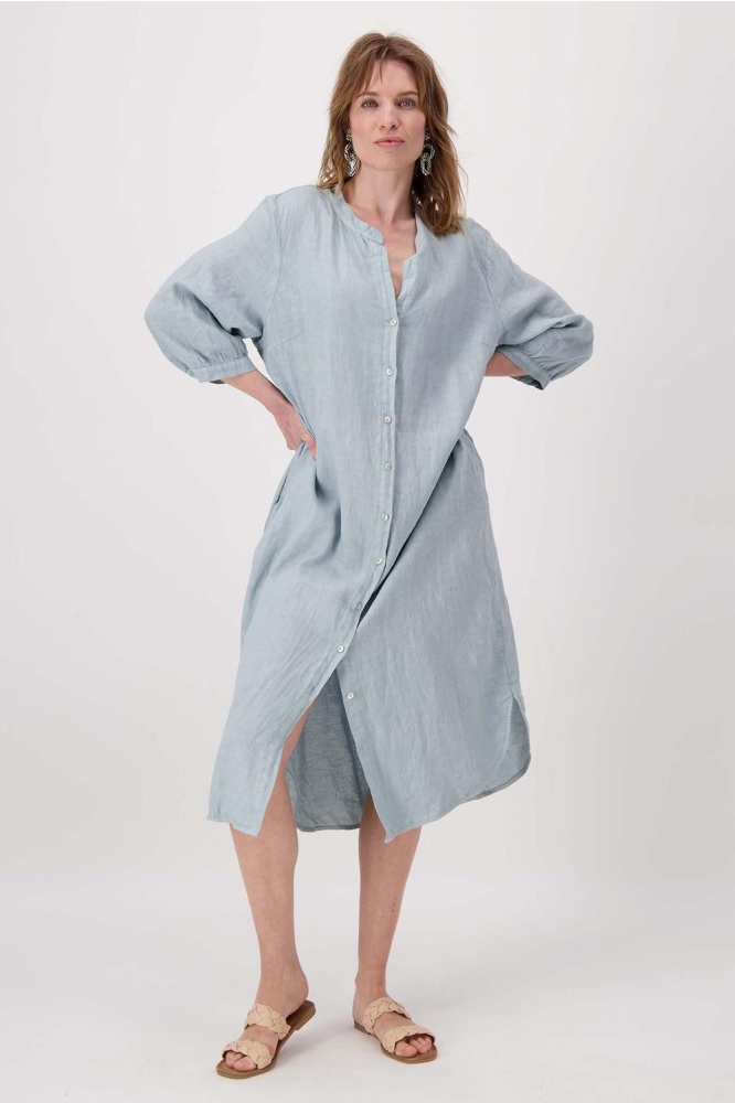 LANGE LINNEN DOORKNOOP JURK 0301 098 2014 VERGRIJSD BLAUW